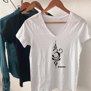 Breathe V Neck Organic Cotton T Shirt, Breathe Symbol Organic Cotton V Neck Yoga Shirt, Eco Clothing, Conscious Clothing