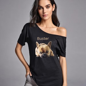 Personalised Pet Portrait Off the Shoulder Cotton T shirt, Custom Pet Bare Shoulder Tee, Your Pet Photo Shirt,