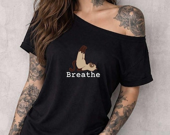 Breathe Yoga Schulterfreies Baumwolle T-Shirt, Boho Shirt mit Rohausschnitt