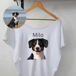 パーソナライズされたペットのオフショルダーTシャツ、カスタムペットシャツ、ペットの写真のベアショルダーTシャツ。あなたのペットのカスタマイズされたベアショルダーTシャツ