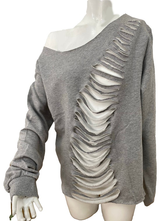 Off the Shoulder Distressed Sweatshirt, Slashed Sweatshirt