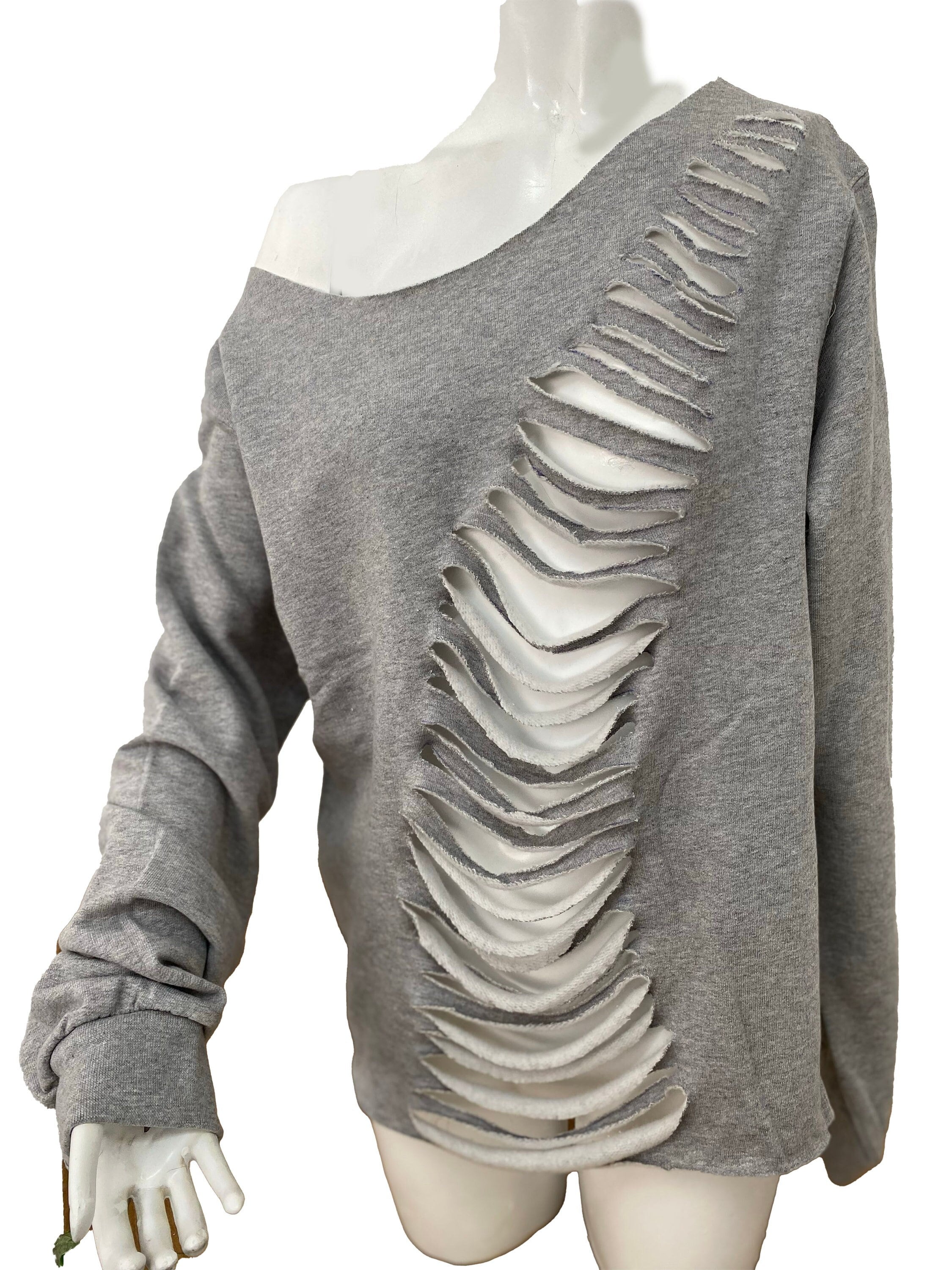 Off The Shoulder Distressed Sweatshirt, Slashed Sweatshirt, Cut Sweatshirt, Bare Shoulder Sweatshirt