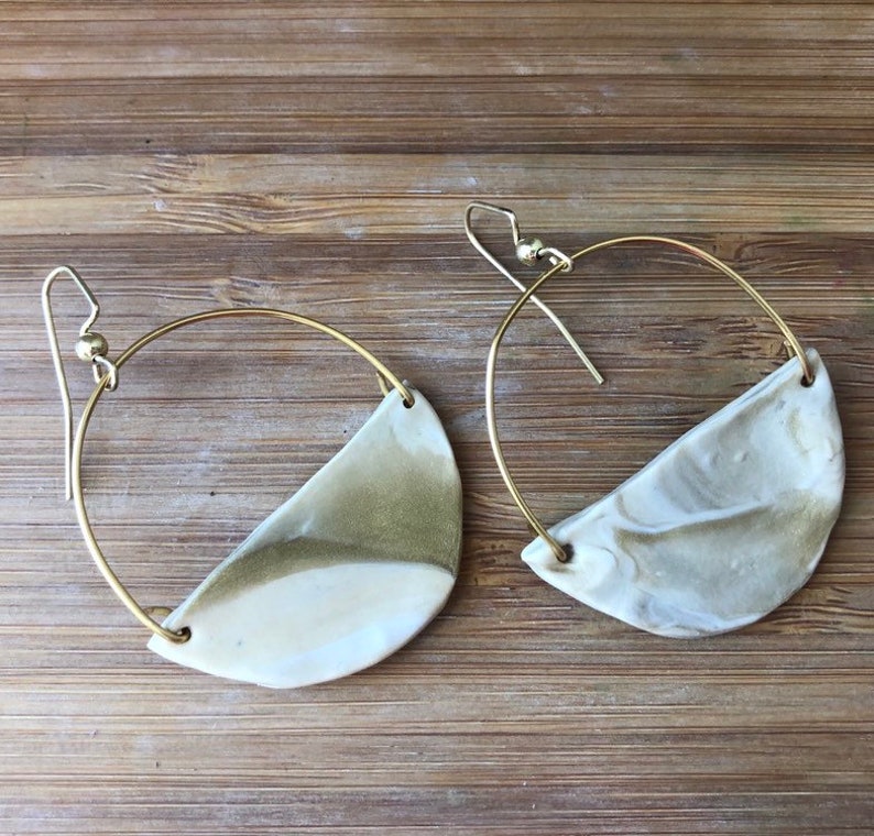 hoop earrings modern earrings statement earrings Cream and gold marble polymer clay hoops natural earrings polymer clay earrings