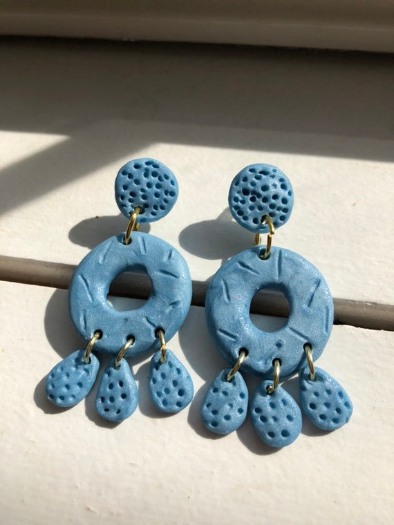 Light blue dangle earrings Aesthetic earrings Dark blue geometric earrings Fun unique earrings Blue earrings Glass bell handmade earrings