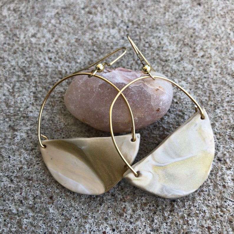 hoop earrings modern earrings statement earrings Cream and gold marble polymer clay hoops natural earrings polymer clay earrings
