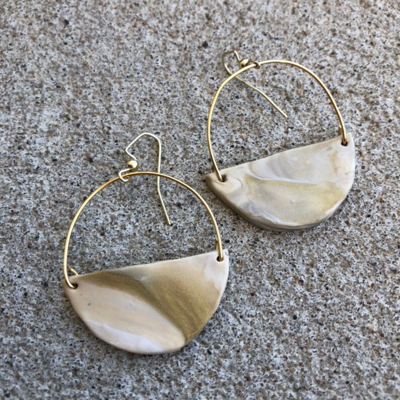 hoop earrings modern earrings statement earrings Cream and gold marble polymer clay hoops natural earrings polymer clay earrings