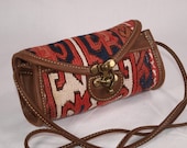 Handmade Kilim Clutch, Made From Real Leather Vintage Turkish Village Kilim