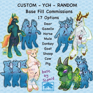 May include: A digital illustration of 17 different animal base fills for custom character commissions. The animals include a deer, gazelle, horse, mule, donkey, goat, sheep, cow, and pig. The base fills are in various colors, including blue, green, white, and brown.