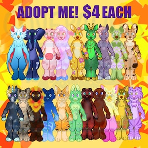 May include: A vibrant illustration featuring a collection of anthropomorphic animal characters in various colors. The text "ADOPT ME! $4 EACH" is displayed in purple. Each character has unique features and designs.
