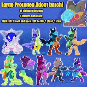 Large Protogen Adopt! Reference sheet, icon, chibi, full view, Protogen, multiple art, neon, colored, multiple images, deluxe adopt