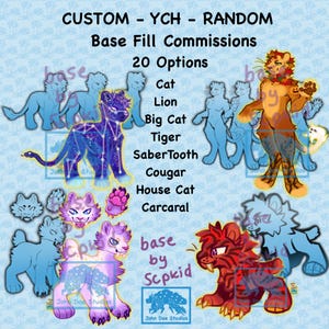 Puede incluir: Una ilustración digital de una variedad de razas de gatos, incluyendo un león, un tigre, un puma y un gato doméstico. La ilustración es de estilo de dibujos animados y presenta una variedad de colores, incluyendo azul, morado, rojo y amarillo. El texto "CUSTOM - YCH - RANDOM Base Fill Commissions 20 Options" está en la parte superior de la imagen.