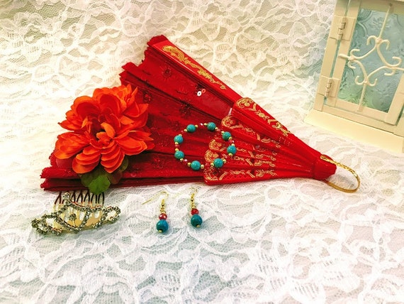 Set Princess Elena of Avalor Set of Crown, Earrings, Bracelet, Fan and Flower Hair Clip