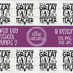 Puede incluir: Un conjunto de 18 diseños imprimibles para maestros. Los diseños presentan el texto "Es un gran día para ser un maestro de [grado]" para cada nivel de grado desde preescolar hasta quinto grado. Los diseños están en texto negro sobre un fondo blanco. El texto "Great Day School Bundle 2" también está incluido en el diseño.