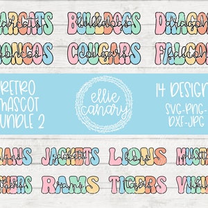 May include: A set of 14 retro mascot designs in various colors, including pink, blue, yellow, and green. The designs feature the names of different sports teams, such as "Bears", "Falcons", and "Vikings". The text "Retro Mascot Bundle 2" and "14 Designs SVG-PNG-DXF-JPG" is also included in the image.