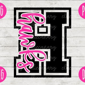 May include: A black and white varsity letter "H" with a pink cursive "Family" written inside the letter.