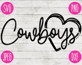 Könnte beinhalten: Schwarzweißes Grafikdesign des Wortes "Cowboys" mit einer Herzform um das Wort. Das Herz ist schwarz umrandet.