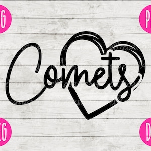 May include: Black and white graphic design of the word "Comets" with a heart shape around the word.