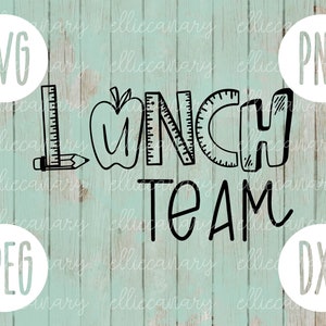 May include: Black and white graphic design with the text "Lunch Team" on a light blue wood background. The graphic includes a ruler, protractor, and apple.