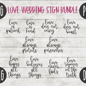 Paquete de citas de boda de amor 1 Corintios 13 svg png jpeg dxf / Archivo de corte de dama de honor / Archivo de corte de vinilo / Corredor de pasillo de signo de boda nupcial