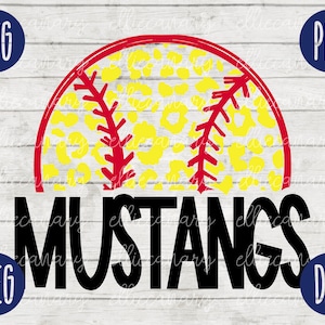 May include: A softball with a yellow and red leopard print design, with the word "MUSTANGS" in black text below it.