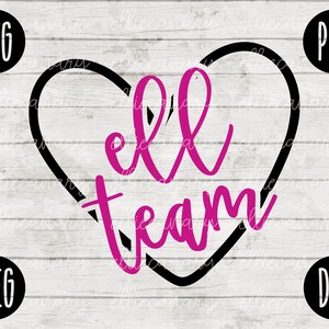 May include: Black heart-shaped outline with the words "all team" in pink inside. The design is on a white wood background.
