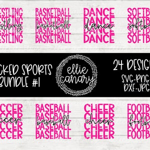 May include: A digital download of 24 stacked sports designs in pink and black. The designs include: wrestling, basketball, dance, softball, soccer, baseball, cheer, and football. The designs are perfect for creating custom t-shirts, mugs, and other crafts.