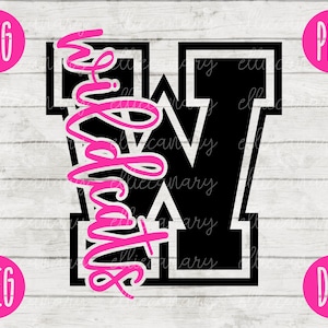 May include: Black and white varsity letter W with a pink "Wildcats" text overlay. The letter has a white outline and is set against a white wood background.