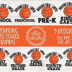 以下が含まれることがあります： バスケットボールをテーマにした「Bouncing into School」バンドルのSVG、PNG、DXF、JPGファイルの9つのデザイン。デザインには、「Bouncing into School」、「Bouncing into Preschool」、「Bouncing into Pre-K」、「Bouncing into Kindergarten」、「Bouncing into First Grade」、「Bouncing into Second Grade」、「Bouncing into Third Grade」、「Bouncing into Fourth Grade」、「Bouncing into Fifth Grade」が含まれます。