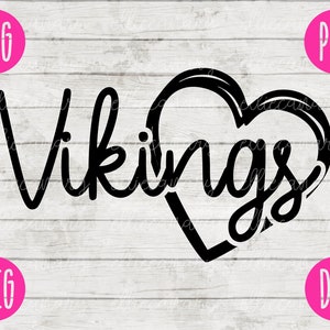 May include: Black and white graphic design of the word "Vikings" with a heart shape around the word.