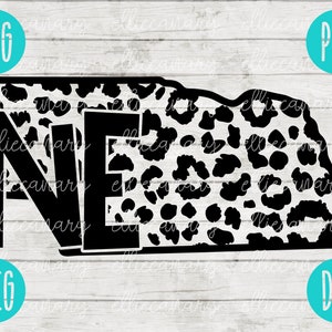 May include: Black and white leopard print design of the state of Nebraska with the letters "NE" in black.