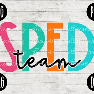 May include: A colorful graphic design with the text "SPED team" in pink, teal, orange, and blue. The letters are outlined in black.