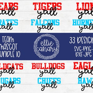 May include: A set of 33 digital designs featuring team mascots with the phrase "y'all" in red, blue, and white text. The designs include team names such as Bears, Tigers, Lions, Pirates, Falcons, Hornets, Wildcats, Bulldogs, Eagles, Cougars, Chiefs, and Hawks. The designs are perfect for creating custom apparel, crafts, and more.