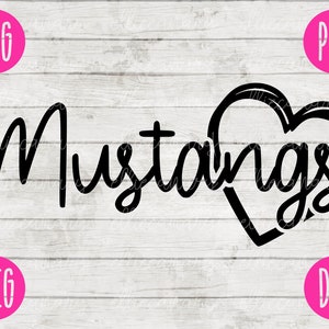 May include: Black and white graphic design of the word "Mustangs" with a heart shape around the "angs" portion of the word.