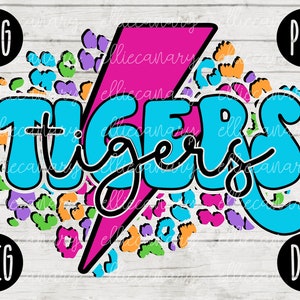 Tigres Mascote SVG Escola Espírito Professor Equipe svg png jpeg dxf Arquivo de corte de vinil Mãe Pai Outono Escola Futebol Beisebol Retro Leopardo Relâmpago