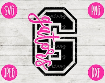 Könnte beinhalten: Ein schwarz-weißes Design des Buchstabens G mit dem Wort "Love" in rosa Schrift überlagert. Das Bild enthält rosa Kreise mit dem Text "SVG", "PNG", "JPEG" und "DXF".