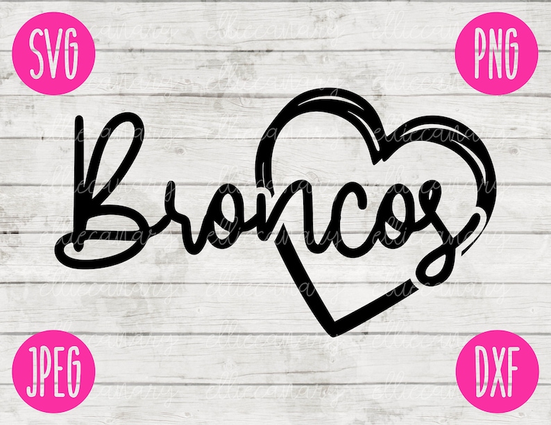May include: Black and white graphic design of the word "Broncos" with a heart shape around the word.