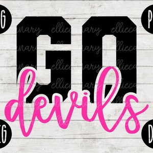 May include: Black and white graphic design of the word "GO" in large block letters with a pink cursive word "devils" underneath.