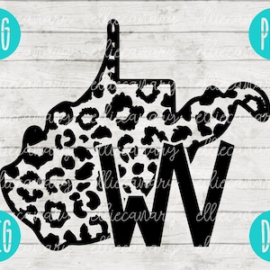 May include: Black and white silhouette of the state of West Virginia with a leopard print pattern. The letter "W" is in the center of the state.