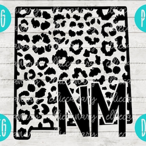 May include: Black and white leopard print design with the letters "NM" in a bold font. The image includes the file type labels "SVG", "PNG", "JPEG", and "DXF" in teal circles.