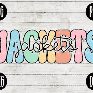 May include: A colorful graphic design with the word "Jackets" in a rainbow of colors. The letters are outlined in black and have a rounded, bubbly style.