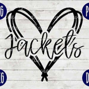 May include: Black and white silhouette of a heart shape with the word "Jackets" written inside. The heart is made up of three overlapping lines.