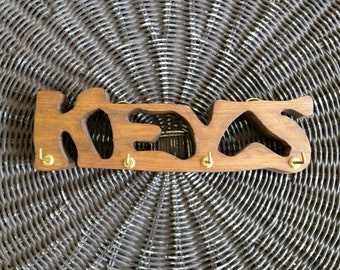 Wood and brass "KEYS" wall rack