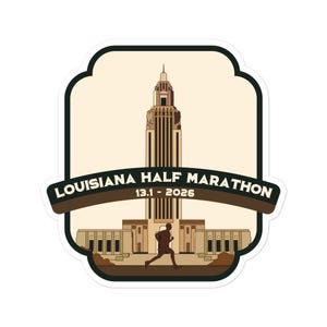 May include: A sticker featuring a brown silhouette of a runner in front of a beige building with a tall tower. The text "LOUISIANA HALF MARATHON 13.1 - 2026" is on a brown banner.