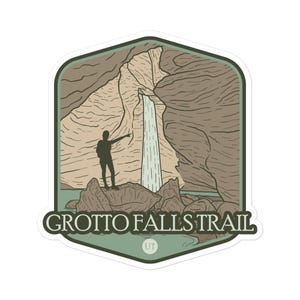 May include: A sticker featuring a stylized illustration of a person standing on a rock formation in front of a waterfall cascading through a cave. The text "Grotto Falls Trail UT" is printed below the image.
