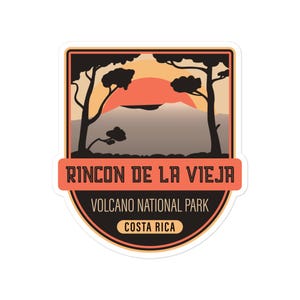May include: A vintage-style sticker with a sunset scene over a volcano. The text reads "Rincon de la Vieja Volcano National Park, Costa Rica".