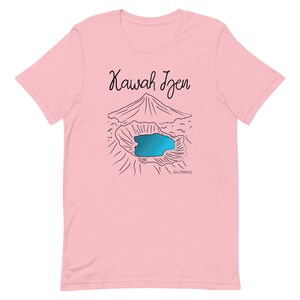 May include: Pink t-shirt featuring a black line drawing of Kawah Ijen volcano in Java, Indonesia. The volcano has a blue crater lake.
