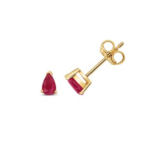 May include: A pair of gold earrings with pear-shaped ruby gemstones.