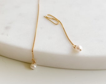 Gold Threader Earrings - Pearl Earrings - Gold Filled Earrings - Minimalist Earrings - Simple Earrings - Bridesmaid Gift - Bridal Earrings