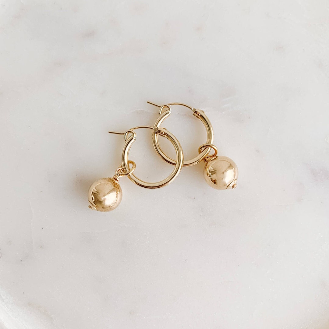 Gold Ball Drop Hoop Earrings, 14k Gold Filled Hoops, Mixed Metal