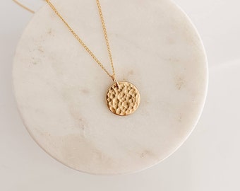 Gold Hammered Necklace, 14k Gold Necklace, Hammered Disc Necklace, Simple Gold Pendant Necklace Gift for Her Gold Filled